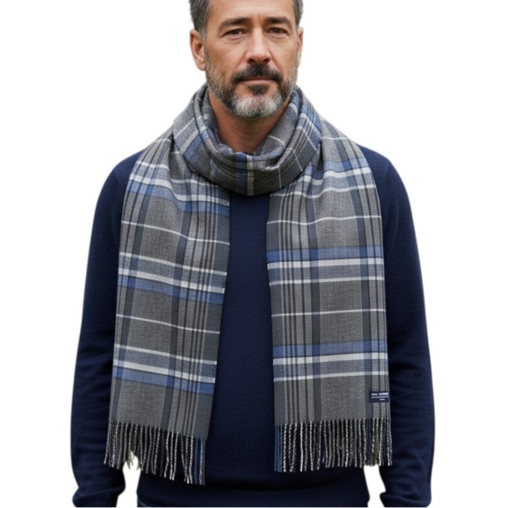Unbranded 100% Cashmere Scarf Plaid Blue Gray Green Tartan Fringe 57" x‎ 11.5"